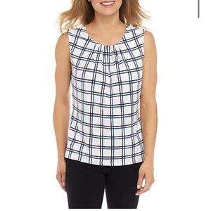 NWT Calvin Klein Sleeveless Pleat Neck Windowpane Print Top Size Medium